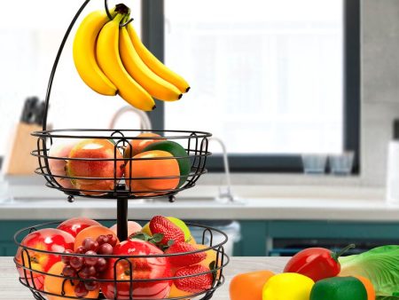 Wright 2 Tiers Metal Fruit Stand Vegetables Basket With Banana Hanger Countertop Fruit Basket Hot on Sale