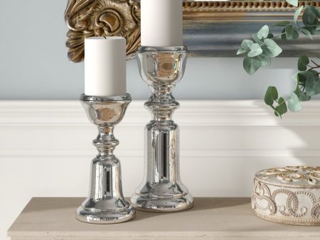 Nairegua 2 Piece Silver Metal Glass Tabletop Candlestick Set For Sale